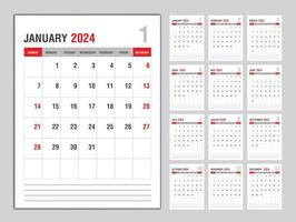 maandelijks kalender sjabloon voor 2024 jaar, week begint Aan zondag, ontwerper 2024 jaar, muur kalender in een minimalistische stijl, bureau kalender 2024 sjabloon verticaal lay-out, bedrijf sjabloon vector