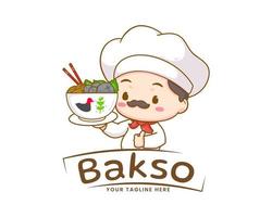 chef met een kom van bakso of gehaktbal logo sjabloon. schattig tekenfilm karakter. Indonesisch traditioneel voedsel. voedsel concept ontwerp. geïsoleerd wit achtergrond. vector kunst illustratie