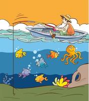 Mens visvangst in boot en vissen onderwater- tekenfilm vector