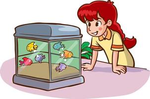 weinig schattig meisje op zoek Bij de vis in de aquarium tekenfilm vector illustratie