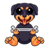 schattig weinig rottweiler hond tekenfilm Holding een bot vector