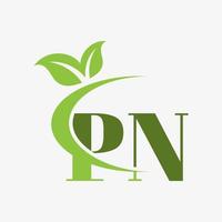 pn brief logo met swoosh bladeren icoon vector. vector