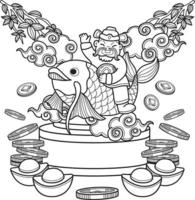 hand- getrokken Chinese rijkdom god en koi illustratie vector