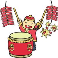 hand- getrokken Chinese jongen spelen drums illustratie vector