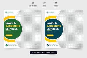 gazon en tuinieren onderhoud sociaal media post vector met donker groen en blauw kleuren. landschapsarchitectuur bedrijf promotionele web banier ontwerp voor marketing. landbouw onderhoud sjabloon vector.