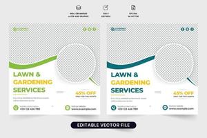 landschapsarchitectuur en gras maaien bedrijf promotionele web banier ontwerp met foto tijdelijke aanduidingen. tuinieren en landbouw onderhoud advertentie sjabloon ontwerp voor marketing. gazon en tuinieren sociaal media na. vector