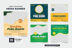 voedsel sociaal media post verzameling ontworpen met foto tijdelijke aanduidingen voor marketing. modern culinaire bedrijf promo sjabloon reeks vector met donker en groen kleuren. gezond voedsel menu web banier bundel.