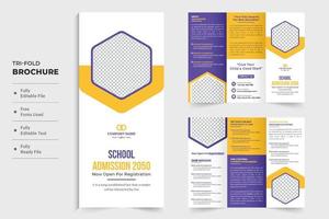 school- toelating drievoud brochure sjabloon ontwerp met geel en Purper kleuren. academisch studie brochure vector voor promotionele doeleinden. onderwijs drievoud brochure sjabloon met foto tijdelijke aanduidingen.