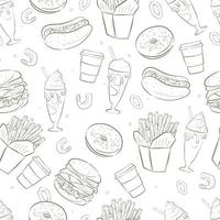 vector naadloos zwart en wit patroon met snel voedsel, hamburgers, milkshakes, donuts, garnaal in beslag.