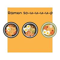 reeks van top visie illustratie met ramen soep Japans borden. vector voorraad illustratie geïsoleerd Aan geel plein achtergrond in vlak stijl
