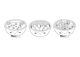 reeks van drie kom met Aziatisch voedsel Koreaans miso soep tteokbokki Japans ramen voedsel concept. vector voorraad illustratie geïsoleerd Aan wit achtergrond. schets stijl