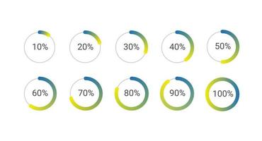 reeks van cirkel percentage diagrammen van 10 naar 100 voor infografisch, web ontwerp. indicator met blauw geel helling vector