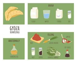 Japans gyoza knoedels deeg en vulling recept met ingrediënten. traditioneel Aziatisch gerecht. schattig hand- getrokken tekening. vector illustratie.