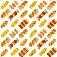 Corn dog hotdog, rijst- en kip spiesjes, kebap naadloos patroon. Koreaans straat voedsel schattig tekening achtergrond. Super goed voor feestelijk verpakking Hoes omhulsel papier. vector illustratie.