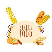 Aziatisch straat voedsel bun vormig grens. Koreaans straat voedsel festival kader banier, logo folder, markt kaart. Corn dog hotdog, tornado aardappel, tofu rijst- ballen, kroketten creatief ontwerp. vector illustratie