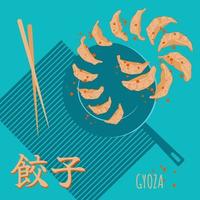 traditioneel Japans gyoza knoedels poster. frituren pan met knoedels vliegend uit in spiraal en spatten, eetstokjes. vertaling van Japans gyoza. vector illustratie.