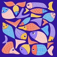 schattig kleurrijk aquarium vis tekening. grappig kinderen naief abstract stijl. gevormde sardientjes, haring, guppies, goudvis. plein samenstelling. marinier leven souvenirs, afdrukken, muur decor. vector illustratie.