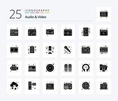 audio en video 25 solide glyph icoon pak inclusief media. speler. cassette. mobiel. speler vector