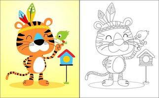 vector illustratie van kleur boek met grappig tijger tekenfilm in Indisch stam veer hoofdtooi en weinig vogel