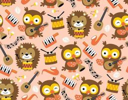 naadloos patroon vector van grappig dieren tekenfilm met musical instrumenten, uil en egel Speel muziek-