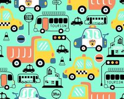 naadloos patroon vector van voertuigen tekenfilm, verkeer tekens en gebouwen