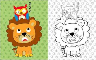 kleur boek of bladzijde met leeuw en uil tekenfilm Aan dieren spoor achtergrond vector