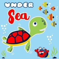 vector tekenfilm van schildpad met vis en kluizenaar krab onderzees