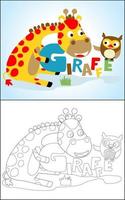 kleur boek of bladzijde van grappig giraffe tekenfilm en schattig uil met brieven vector