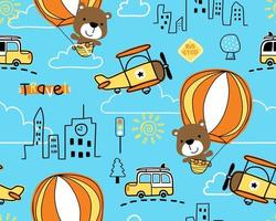 naadloos patroon vector van beer tekenfilm Aan heet lucht ballon, auto, vlak en gebouwen. vervoer elementen