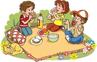 schattig weinig kinderen picknick samen tekenfilm vector illustratie