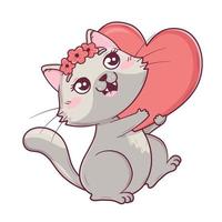 kawaii schattig valentijnsdag kat draagt een groot hart vector