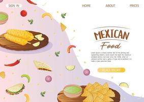 website landen bladzijde sjabloon met Mexicaans schotel Quesadilla en empanadas Aan een houten dienblad. snel voedsel restaurant en straat voedsel hapjes, vlees tortilla's, meenemen voedsel levering vector