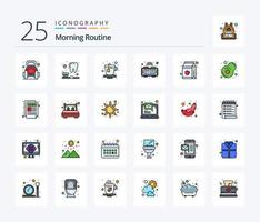 ochtend- routine- 25 lijn gevulde icoon pak inclusief fles. sap. beker. appel. digitaal klok vector