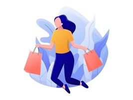 gelukkig tekenfilm jong vrouw jumping met 2 boodschappen doen Tassen gedurende de uitverkoop of korting Bij de markt of winkel, vector vlak illustratie.