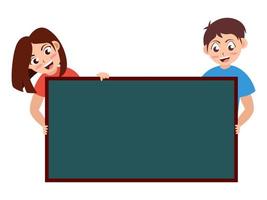 jongen en meisje houden bord of banier, tekenfilm vector illustratie