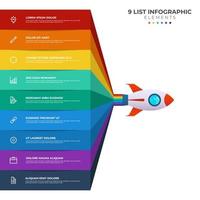 lijst diagram met 9 points van stappen, reeks, kleurrijk raket lancering beginnen, infographic element sjabloon vector. vector