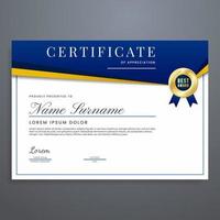 multipurpose certificaat sjabloon, certificaat grens ontwerp met blauw en goud kleuren, kan worden gebruikt voor waardering, aanwezigheid, evenement, diploma, diploma uitreiking, enz. vector