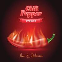 realistisch heet Chili peper met vlammen advertentie vector illustratie