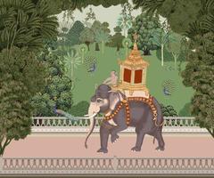 traditioneel mughal tuin, Woud, olifant rijden, mahout in Thailand vector illustratie voor behang.