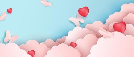 papercut ontwerp, vector papier wolken met vlinders. roze wolk en blauw achtergrond.