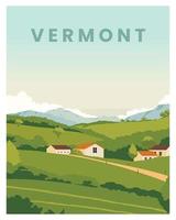 landschap achtergrond van toneel- dorp in Vermont. reizen naar Vermont, nieuw Engeland, Verenigde Staten van Amerika. vector illustratie met gekleurde stijl voor poster, ansichtkaart, kaart, afdrukken.