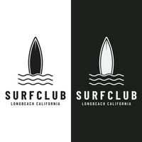 wijnoogst surfboard logo sjabloon, surfen Aan een zomer strand.voor zakelijk, badge, vakantie, , etiket, embleem. vector