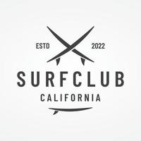 wijnoogst surfboard logo sjabloon, surfen Aan een zomer strand.voor zakelijk, badge, vakantie, , etiket, embleem. vector