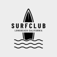 wijnoogst surfboard logo sjabloon, surfen Aan een zomer strand.voor zakelijk, badge, vakantie, , etiket, embleem. vector