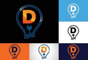 eerste alfabet d met een elektrisch lamp. elektrisch lamp logo vector sjabloon. elektriciteit logo