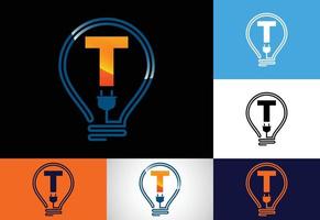 eerste alfabet t met een elektrisch lamp. elektrisch lamp logo vector sjabloon. elektriciteit logo