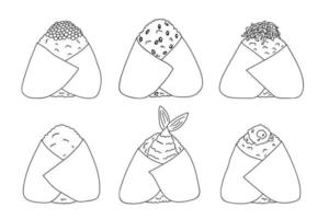hand- getrokken onigiri clip art set. Japans snel voedsel gemaakt van rijst. rijst- bal in noch ik zeewier vector