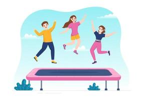 trampoline illustratie met jeugd jumping Aan een trampolines in hand- getrokken vlak tekenfilm zomer buitenshuis werkzaamheid achtergrond sjabloon vector