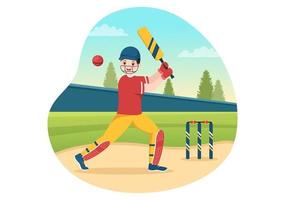 batsman spelen krekel sport illustratie met knuppel en ballen in de veld- voor kampioenschap in vlak tekenfilm hand- getrokken Sjablonen vector