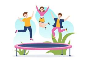 trampoline illustratie met jeugd jumping Aan een trampolines in hand- getrokken vlak tekenfilm zomer buitenshuis werkzaamheid achtergrond sjabloon vector